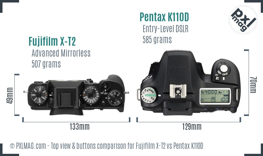 Fujifilm X-T2 vs Pentax K110D top view buttons comparison
