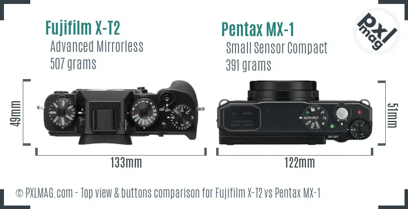 Fujifilm X-T2 vs Pentax MX-1 top view buttons comparison Fujifilm X-T2 vs Pentax MX-1 top view buttons comparison