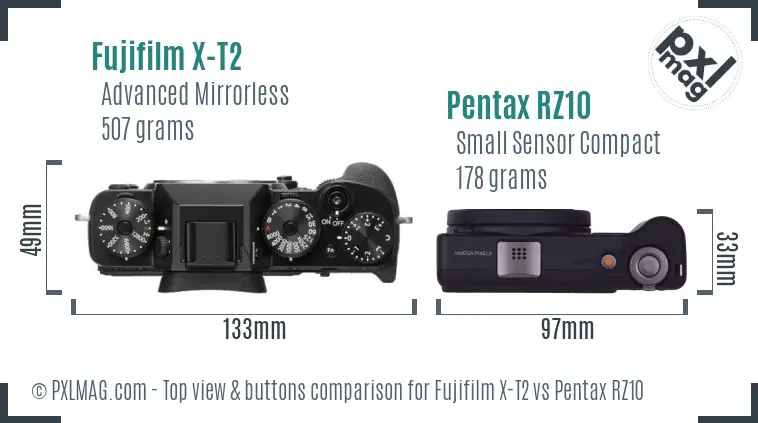 Fujifilm X-T2 vs Pentax RZ10 top view buttons comparison