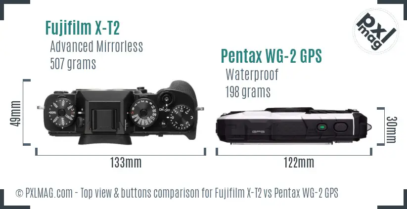 Fujifilm X-T2 vs Pentax WG-2 GPS top view buttons comparison