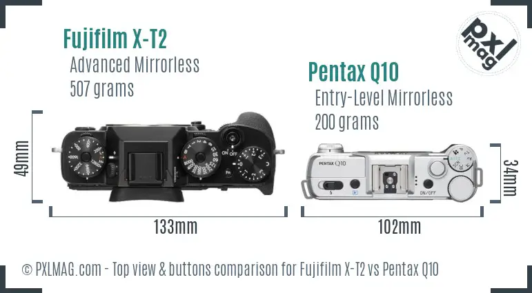 Fujifilm X-T2 vs Pentax Q10 top view buttons comparison