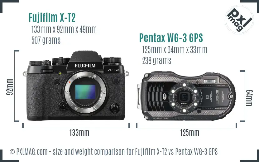 Fujifilm X-T2 vs Pentax WG-3 GPS size comparison Fujifilm X-T2 vs Pentax WG-3 GPS size comparison