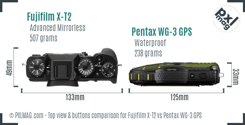 Fujifilm X-T2 vs Pentax WG-3 GPS top view buttons comparison Fujifilm X-T2 vs Pentax WG-3 GPS top view buttons comparison