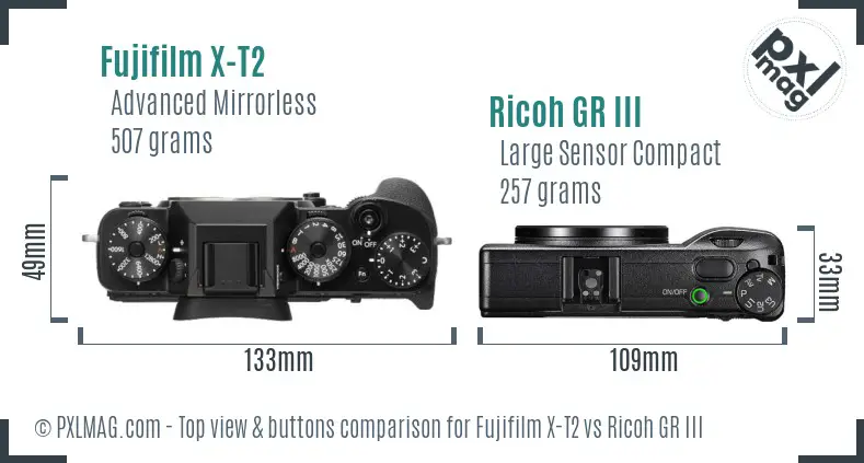 Fujifilm X-T2 vs Ricoh GR III top view buttons comparison Fujifilm X-T2 vs Ricoh GR III top view buttons comparison