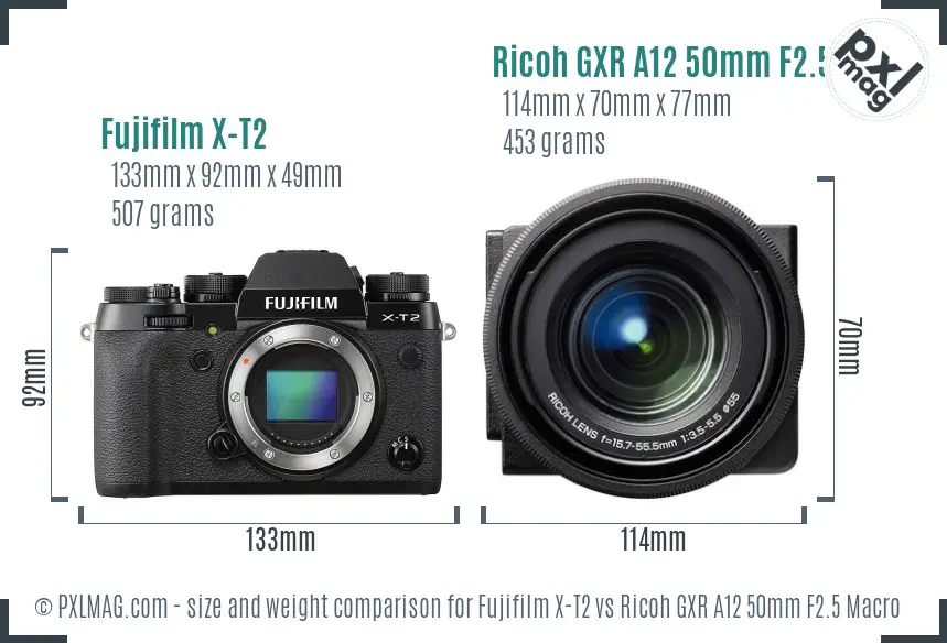 Fujifilm X-T2 vs Ricoh GXR A12 50mm F2.5 Macro size comparison