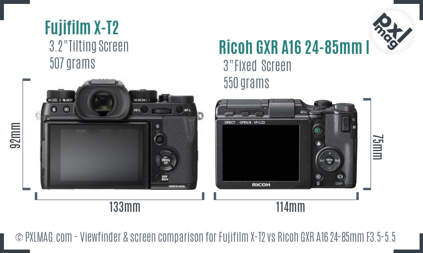 Fujifilm X-T2 vs Ricoh GXR A16 24-85mm F3.5-5.5 Screen and Viewfinder comparison