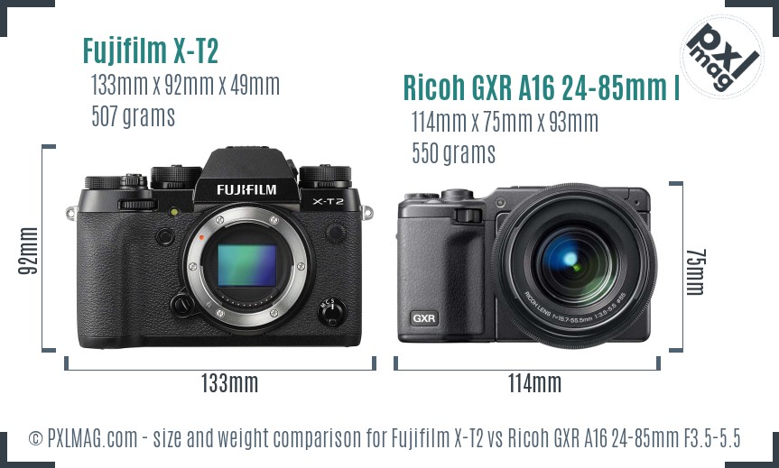 Fujifilm X-T2 vs Ricoh GXR A16 24-85mm F3.5-5.5 size comparison