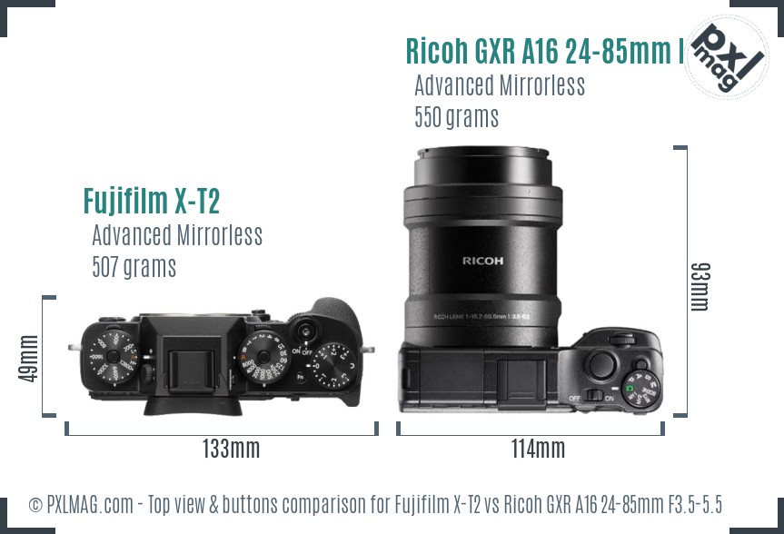 Fujifilm X-T2 vs Ricoh GXR A16 24-85mm F3.5-5.5 top view buttons comparison
