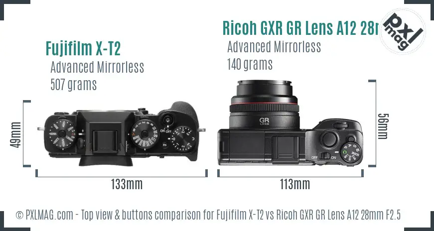 Fujifilm X-T2 vs Ricoh GXR GR Lens A12 28mm F2.5 top view buttons comparison Fujifilm X-T2 vs Ricoh GXR GR Lens A12 28mm F2.5 top view buttons comparison