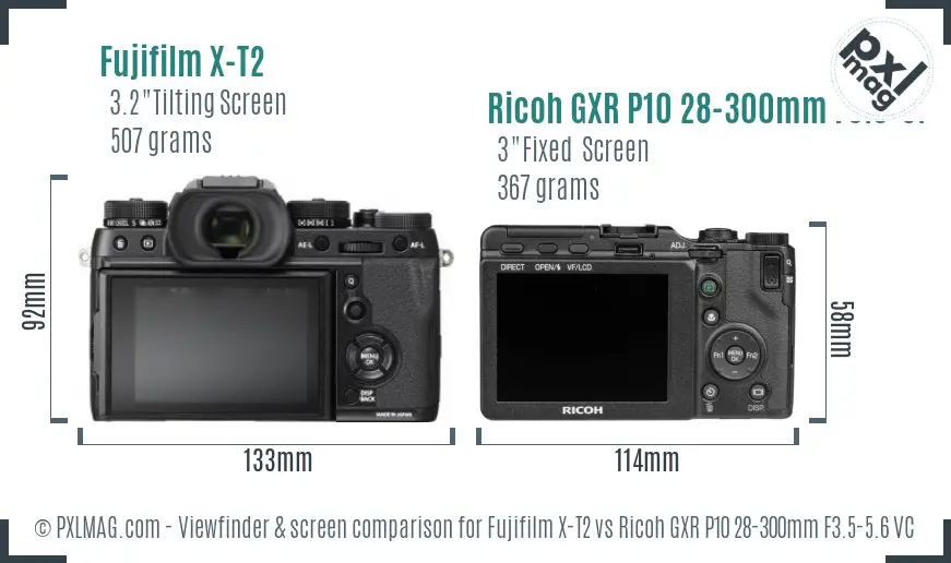 Fujifilm X-T2 vs Ricoh GXR P10 28-300mm F3.5-5.6 VC Screen and Viewfinder comparison