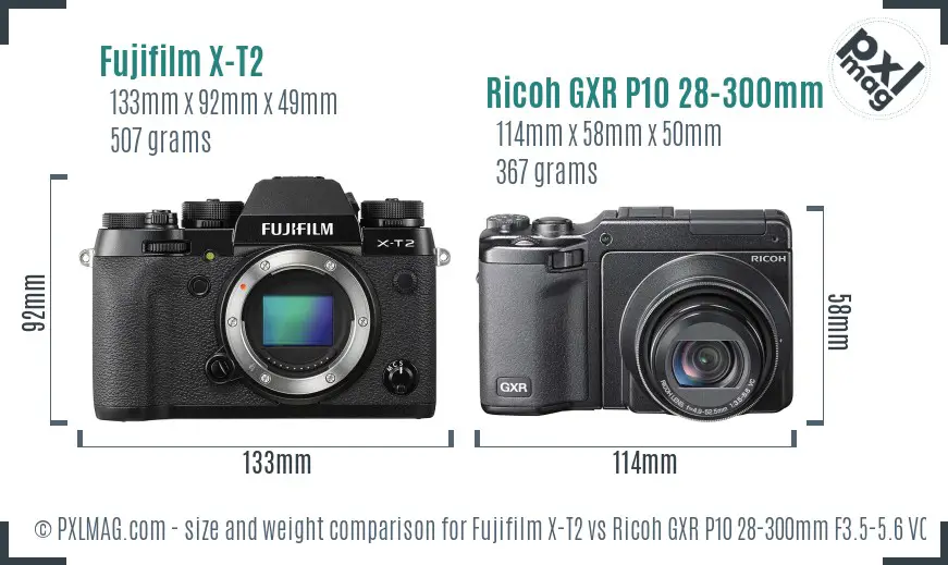 Fujifilm X-T2 vs Ricoh GXR P10 28-300mm F3.5-5.6 VC size comparison