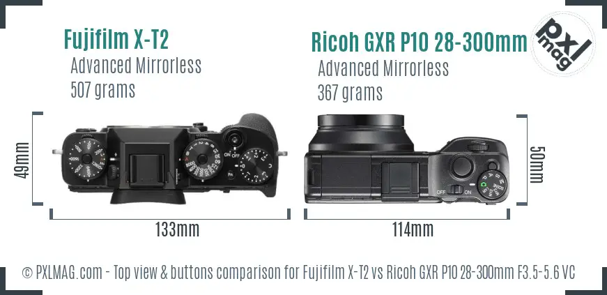 Fujifilm X-T2 vs Ricoh GXR P10 28-300mm F3.5-5.6 VC top view buttons comparison
