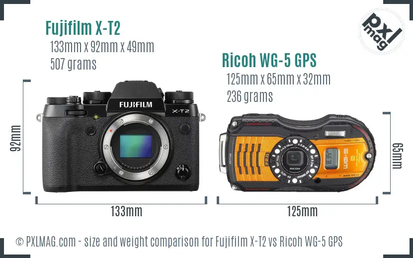 Fujifilm X-T2 vs Ricoh WG-5 GPS size comparison Fujifilm X-T2 vs Ricoh WG-5 GPS size comparison