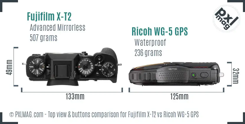 Fujifilm X-T2 vs Ricoh WG-5 GPS top view buttons comparison Fujifilm X-T2 vs Ricoh WG-5 GPS top view buttons comparison