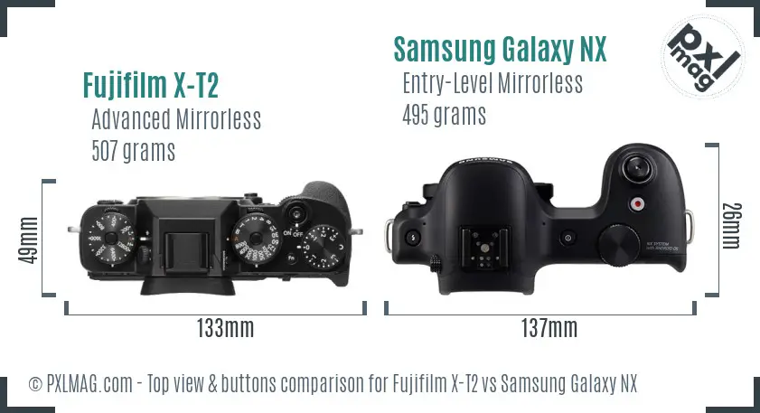 Fujifilm X-T2 vs Samsung Galaxy NX top view buttons comparison