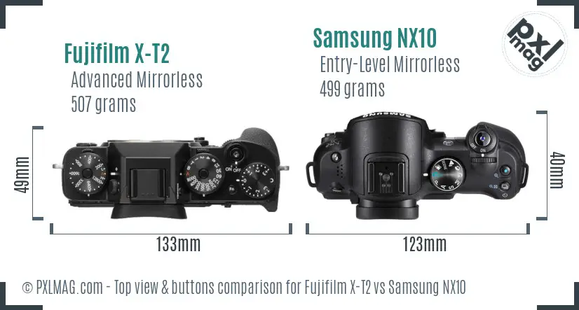 Fujifilm X-T2 vs Samsung NX10 top view buttons comparison