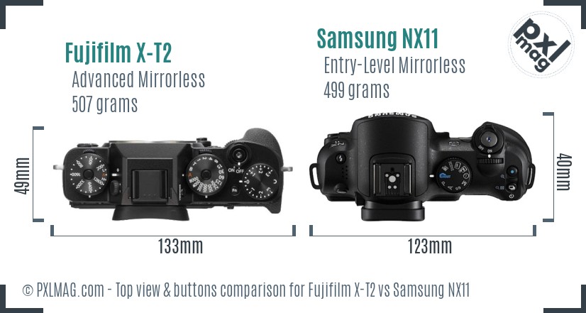 Fujifilm X-T2 vs Samsung NX11 top view buttons comparison
