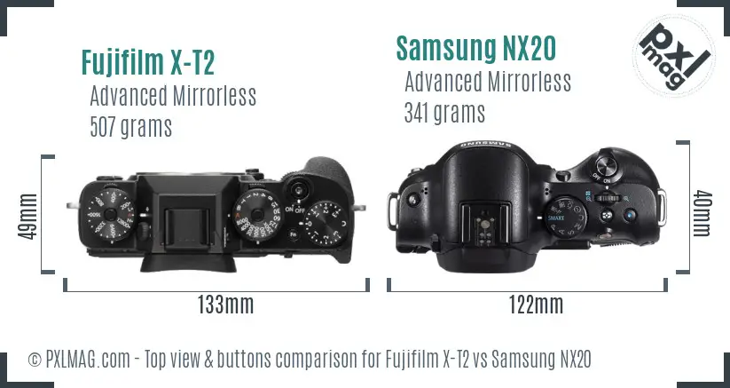 Fujifilm X-T2 vs Samsung NX20 top view buttons comparison
