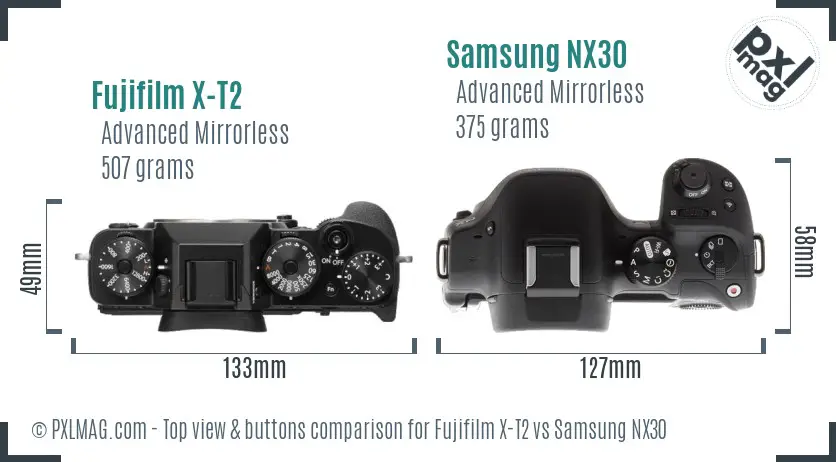 Fujifilm X-T2 vs Samsung NX30 top view buttons comparison