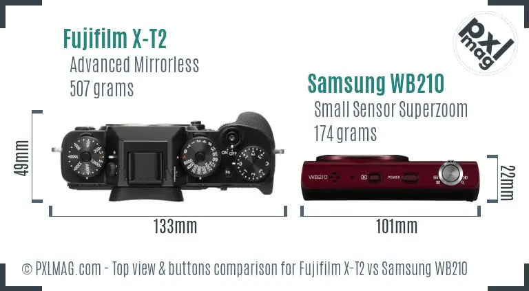 Fujifilm X-T2 vs Samsung WB210 top view buttons comparison Fujifilm X-T2 vs Samsung WB210 top view buttons comparison