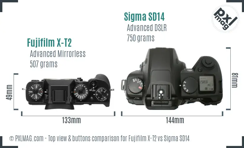 Fujifilm X-T2 vs Sigma SD14 top view buttons comparison