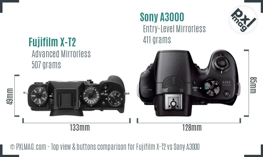 Fujifilm X-T2 vs Sony A3000 top view buttons comparison