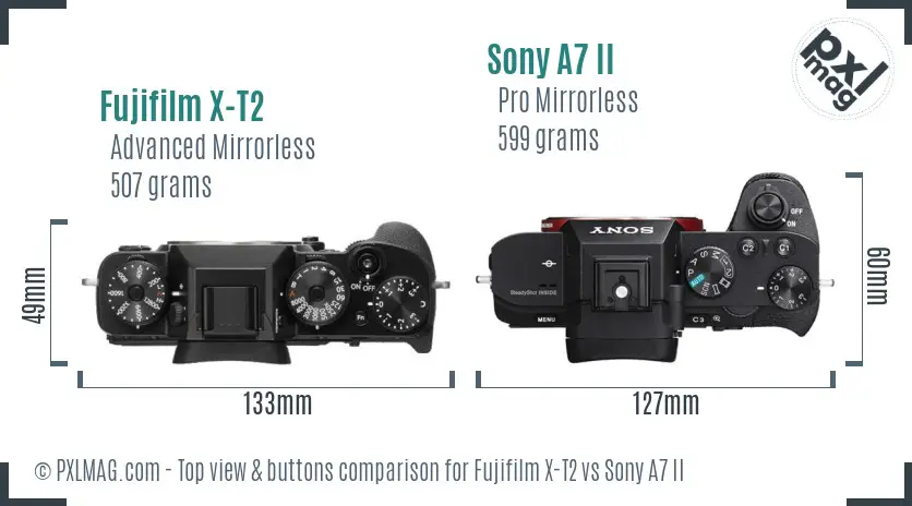 Fujifilm X-T2 vs Sony A7 II top view buttons comparison