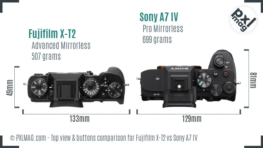 Fujifilm X-T2 vs Sony A7 IV top view buttons comparison