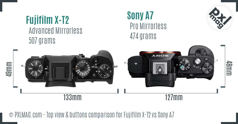 Fujifilm X-T2 vs Sony A7 top view buttons comparison