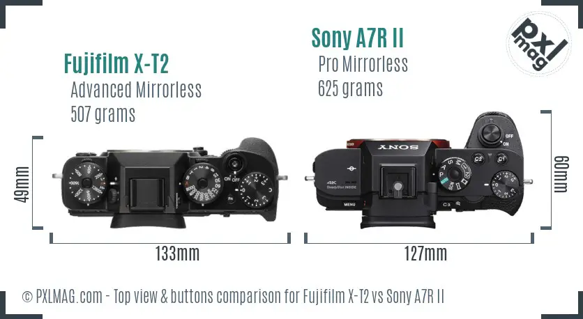 Fujifilm X-T2 vs Sony A7R II top view buttons comparison
