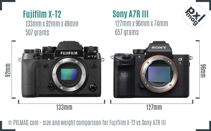 Fujifilm X-T2 vs Sony A7R III size comparison