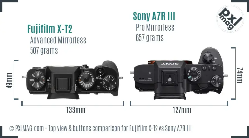 Fujifilm X-T2 vs Sony A7R III top view buttons comparison