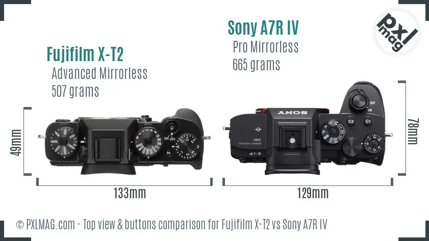 Fujifilm X-T2 vs Sony A7R IV top view buttons comparison