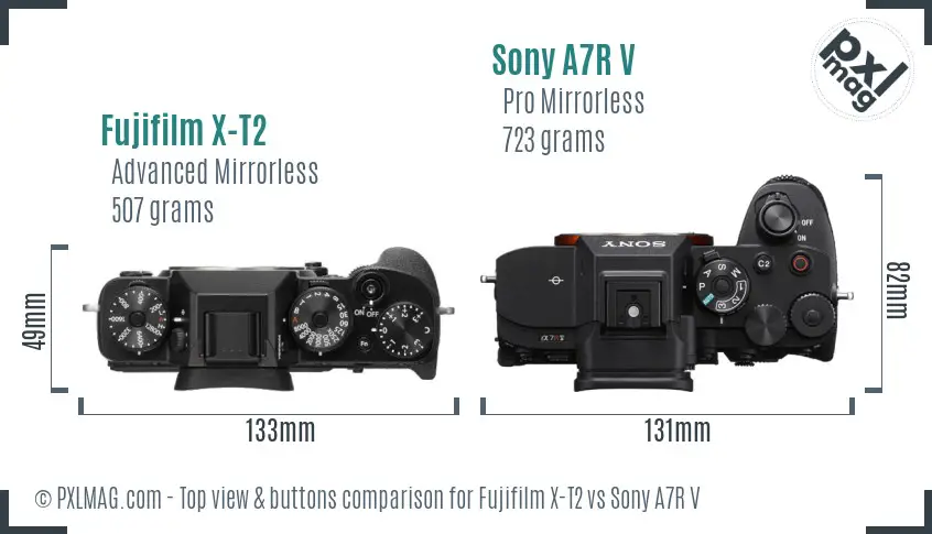 Fujifilm X-T2 vs Sony A7R V top view buttons comparison