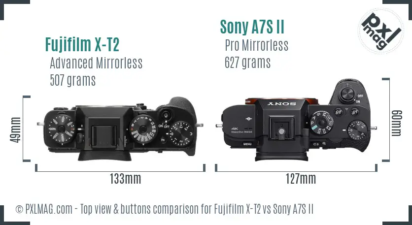 Fujifilm X-T2 vs Sony A7S II top view buttons comparison