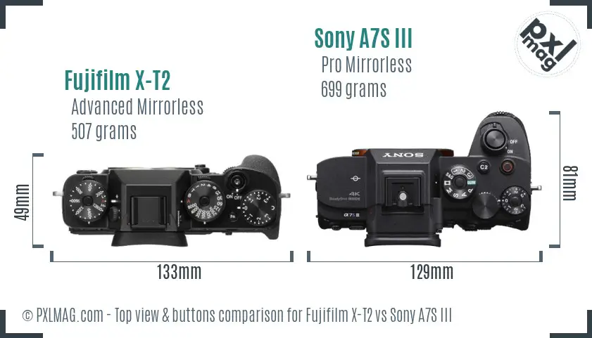Fujifilm X-T2 vs Sony A7S III top view buttons comparison