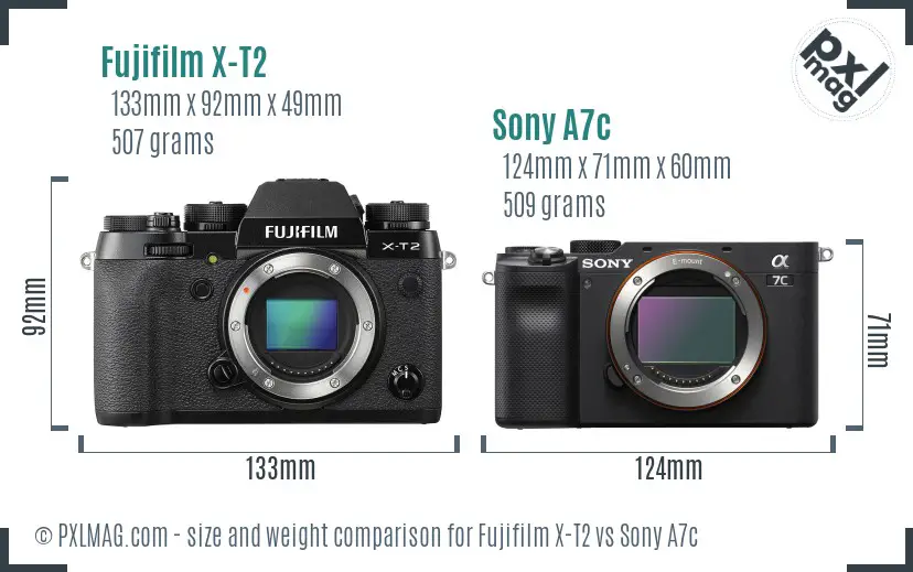 Fujifilm X-T2 vs Sony A7c size comparison