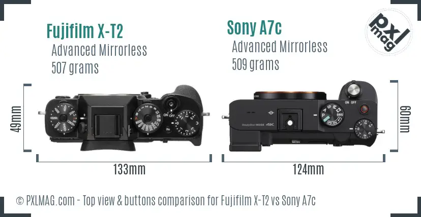 Fujifilm X-T2 vs Sony A7c top view buttons comparison