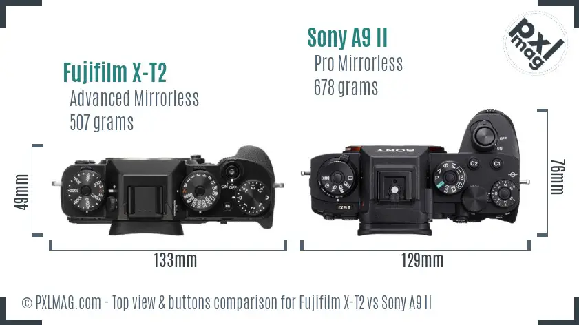Fujifilm X-T2 vs Sony A9 II top view buttons comparison