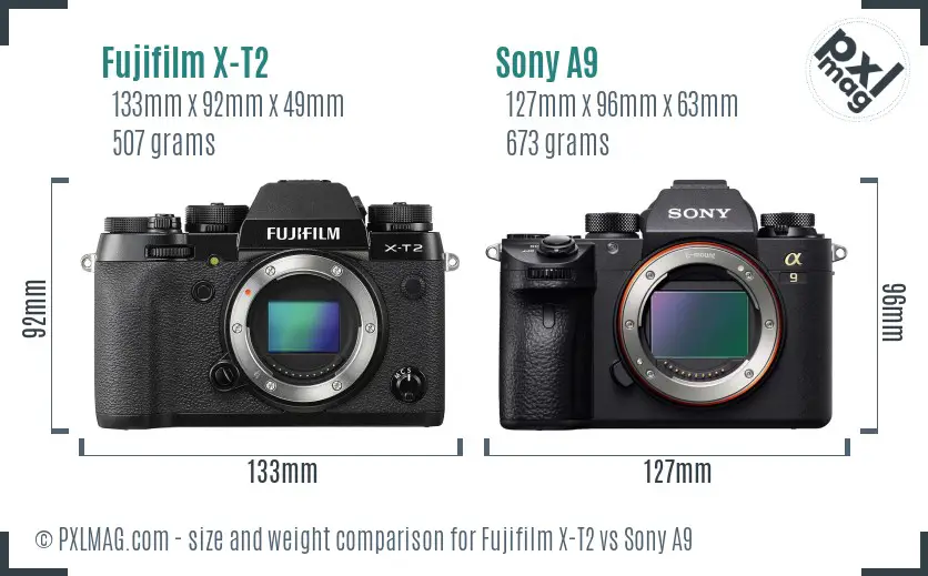 Fujifilm X-T2 vs Sony A9 size comparison