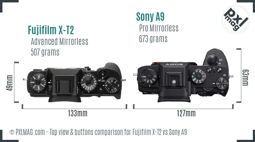 Fujifilm X-T2 vs Sony A9 top view buttons comparison