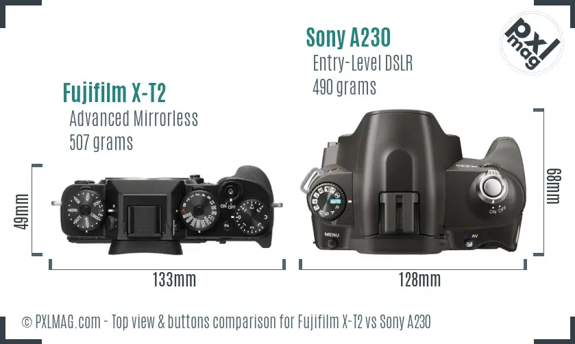 Fujifilm X-T2 vs Sony A230 top view buttons comparison