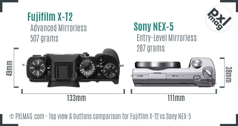 Fujifilm X-T2 vs Sony NEX-5 top view buttons comparison Fujifilm X-T2 vs Sony NEX-5 top view buttons comparison