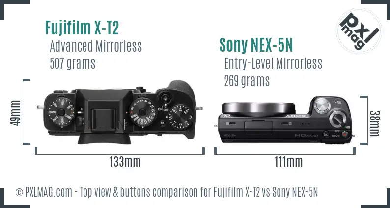 Fujifilm X-T2 vs Sony NEX-5N top view buttons comparison Fujifilm X-T2 vs Sony NEX-5N top view buttons comparison