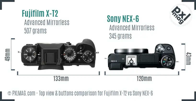 Fujifilm X-T2 vs Sony NEX-6 top view buttons comparison