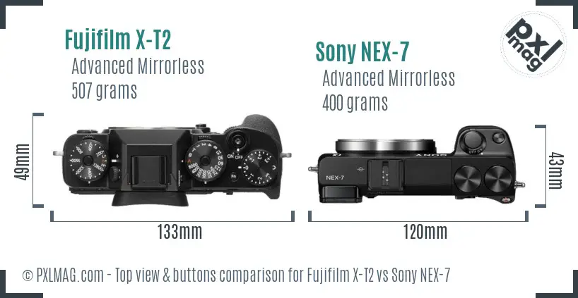 Fujifilm X-T2 vs Sony NEX-7 top view buttons comparison