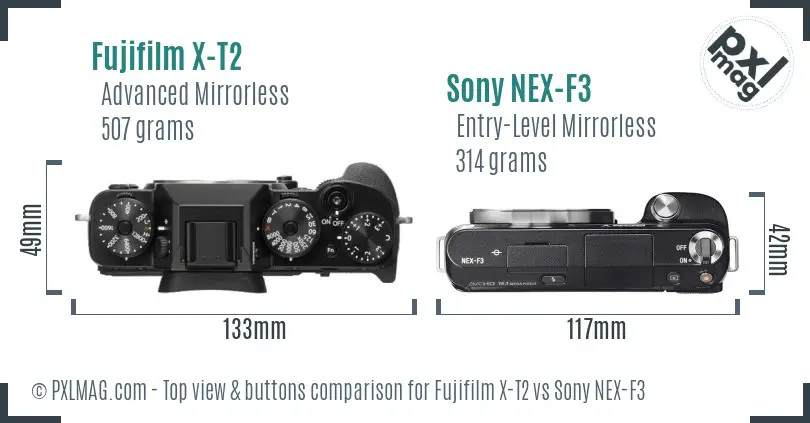 Fujifilm X-T2 vs Sony NEX-F3 top view buttons comparison Fujifilm X-T2 vs Sony NEX-F3 top view buttons comparison