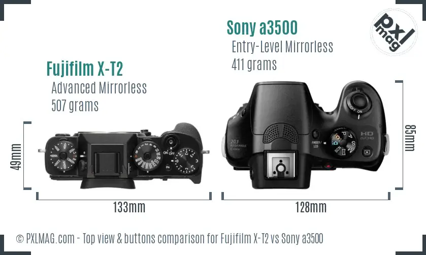 Fujifilm X-T2 vs Sony a3500 top view buttons comparison