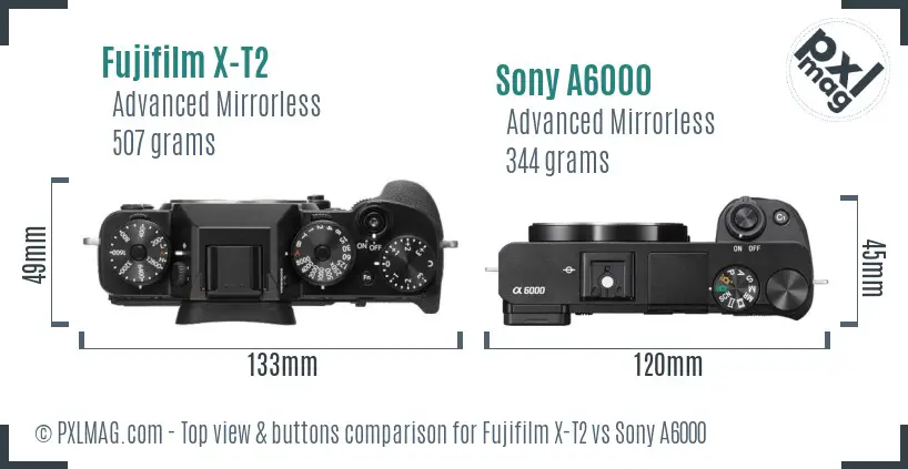Fujifilm X-T2 vs Sony A6000 top view buttons comparison Fujifilm X-T2 vs Sony A6000 top view buttons comparison