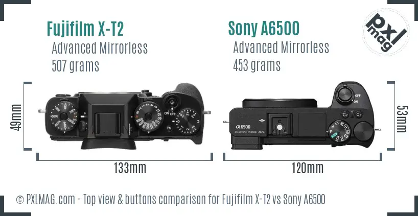 Fujifilm X-T2 vs Sony A6500 top view buttons comparison
